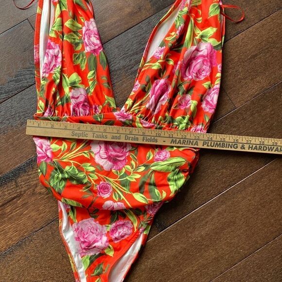 NWT ZARA floral one piece bodysuit ruched size medium orange deep v neck - Picture 7 of 9